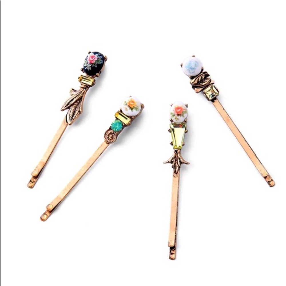 Retro Vintage Floral Crystal Hair Barrettes Set 4 - Picture 5 of 8